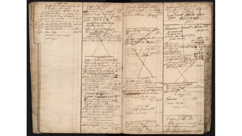 Eine Seite aus dem Buchregister, dem sogenannten “mastrino”, das Giovanni Ricordi führte, für die Jahre 1814-1816