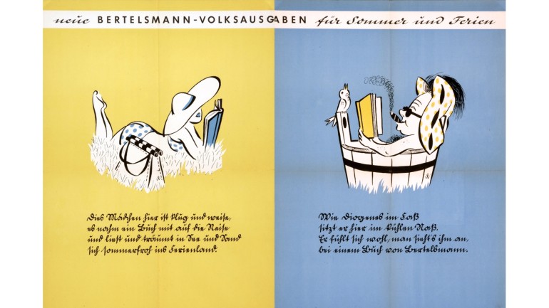&#34;Wie Diogenes im Fass sitz ich hier im kühlen Nass!&#34; - Plakatwerbung für die neuen Bertelsmann Volksausgaben um 1950.