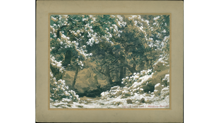 Giuseppe Verdi, Don Carlo, Modena, 26. Dezember 1886. Der Wald von Fontainebleau, 1. Akt, Bühnenbildentwurf von Carlo Ferrario