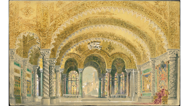 Giuseppe Verdi, Otello, Neuinszenierung, Rom, Teatro Costanzi, 1887. Der große Saal im Schloss, 3. Akt, Bühnenbildentwurf von Giovanni Zuccarelli