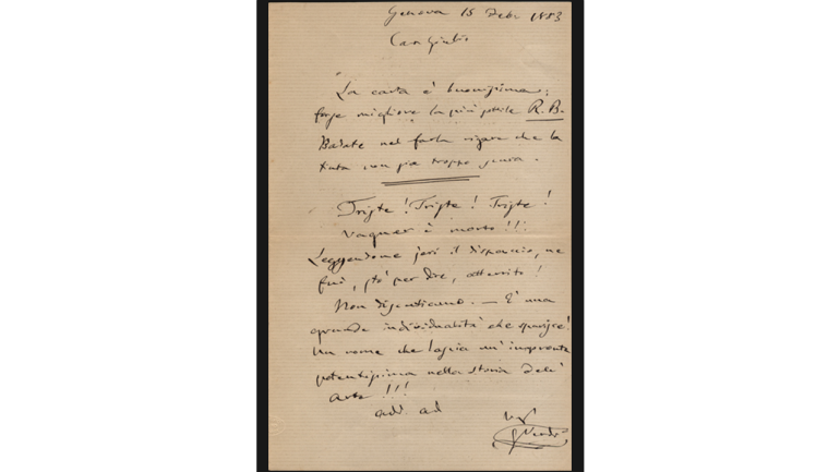 Brief von Giuseppe Verdi an Giulio Ricordi: „Traurig! Traurig! Traurig! Wagner ist tot!! […] Ein Name, der einen sehr starken Eindruck in der Geschichte der Kunst hinterlässt!!!“, 15. Februar 1883