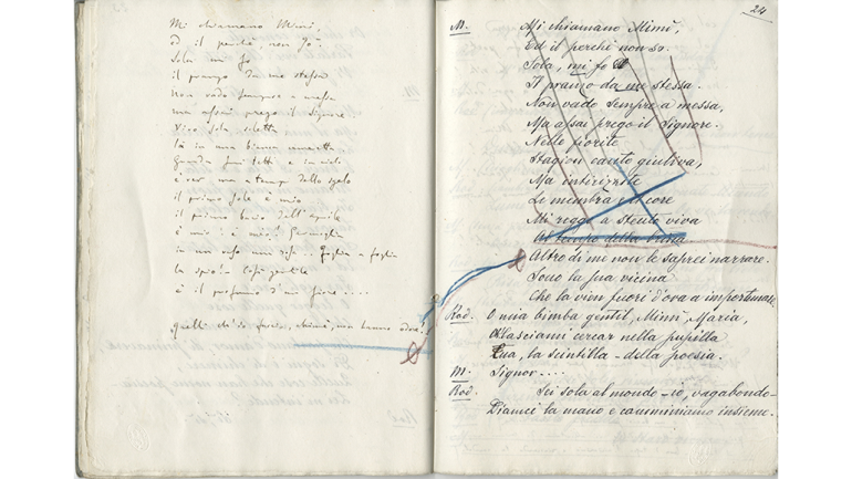 Giacomo Puccini, La bohéme, handschriftliches Libretto, mit Anmerkungen von Luigi Illica und Giacomo Puccini
