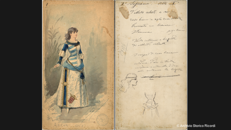 Vorder- und Rückseite des Kostümentwurfs von Alfredo Edel (für Amelia im 1. Akt) mit detaillierten technischen Hinweisen für die Theaterschneiderei hinsichtlich des Stoffs, der Farben, Schuhe, sowie verschiedener Ausstattungen und Accessoires. 