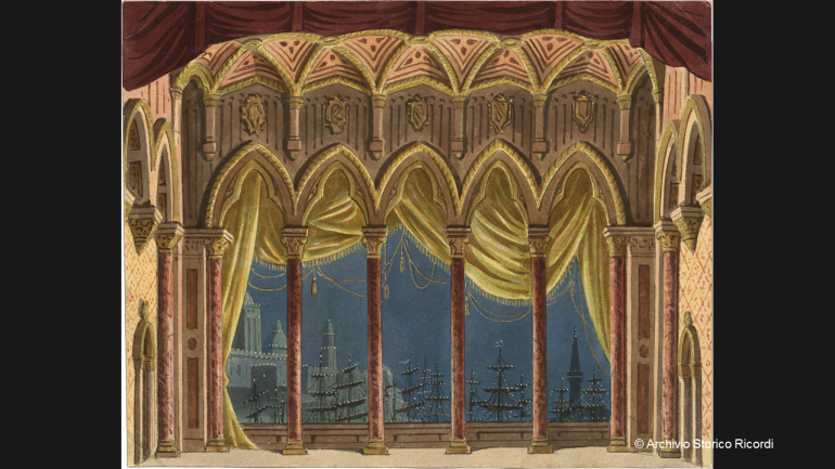Bühnenbild von Girolamo Magnani für die überarbeitete Version von Simon Boccanegra bei der Premiere in der Mailänder Scala 1881:„Im Innern des Dogenpalastes“, 3. Akt. Diese Nachtszene mit dem „Beleuchteten Hafen“ erforderte komplizierte Beleuchtungseffekte, gemessen am technischen Stand jener Zeit.