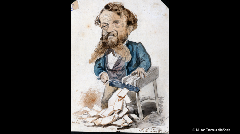 Eine Karikatur von Francesco Maria Piave, der Libretti herstellt, als würde er Scheiben von einer Wurst abschneiden. Ein produktiver und verlässlicher Librettist, verfasste Piave etwa 40 Libretti binnen 30 Jahren und arbeitete mit Verdi an zehn Opern zusammen, darunter Rigoletto und La traviata.