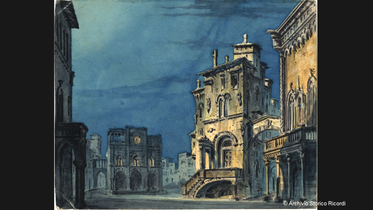 Bühnenbild von Girolamo Magnani für die Premiere an der Mailänder Scala 1881: „Eine Piazza in Genua“, Prolog