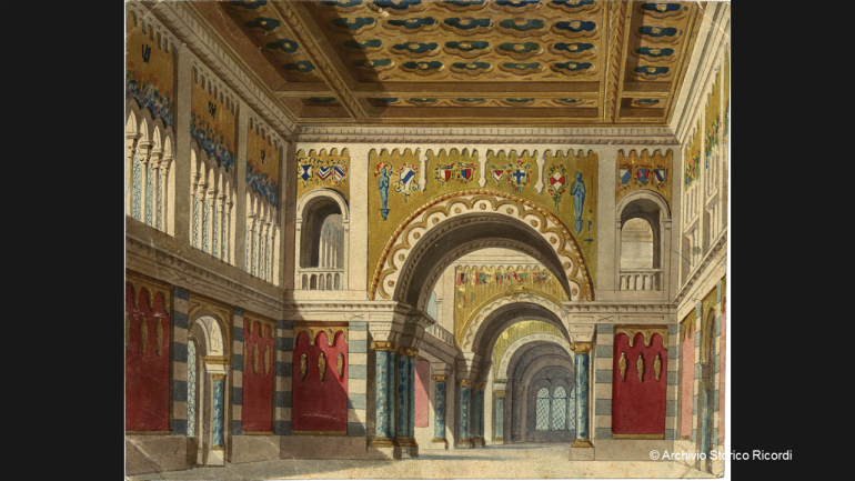 Ratssaal im Palazzo degIi Abati, 1. Akt, 2. Szene, Bühnenbild von Girolamo Magnani