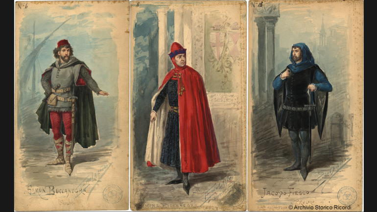 Links: Simon Boccanegra im Prolog. Mitte: Simon Boccanegra, 1. Akt, 2. Szene. Rechts: Fiesco, Prolog. 
Alle Kostümentwurfe von Alfredo Edel, entworfen für die überarbeitete Version von Simon Boccanegra, die 1881 in der Mailänder Scala Premiere feierte.