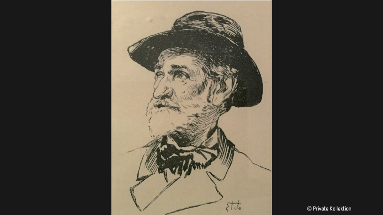 Giuseppe Verdi. Porträts in Kohle der drei Protagonisten des Simon Boccanegra-Projektes, &#34;nach dem Leben gezeichnet&#34; von einem Hauskünstler der britischen Wochenzeitschrift The Graphic. Diese Porträts erschienen in der Ausgabe vom 18. Februar 1893 nach der Premiere von Verdis Falstaff in Mailand.