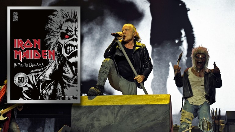 Buchcover und Iron Maiden Sänger Bruce Dickinson auf der Bühne