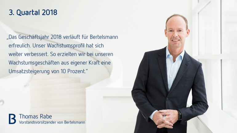 Thomas Rabe, Vorstandsvorsitzender von Bertelsmann: „Das Geschäftsjahr 2018 verläuft für Bertelsmann erfreulich. Unser Wachstumsprofil hat sich weiter verbessert. So erzielten wir bei unseren Wachstumsgeschäften aus eigener Kraft eine Umsatzsteigerung von 10 Prozent.&#34;