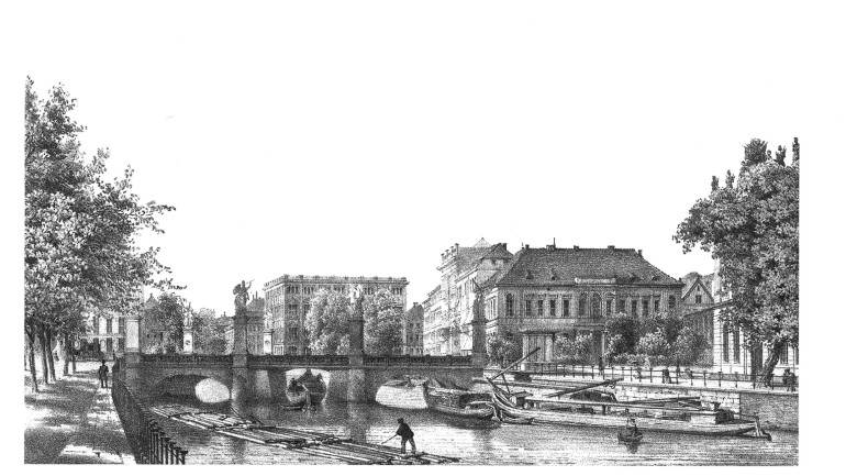 F. A. Borchel: &#34;Die Schlossbrücke&#34; (rechts neben der Brücke: Kommandantur), um 1850