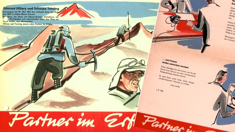 Partner im Erfolg: &#34;Berge wollen bezwungen werden-Kunden überzeugt werden!&#34; - Werbung für den Bertelsmann Lesering, um 1960.